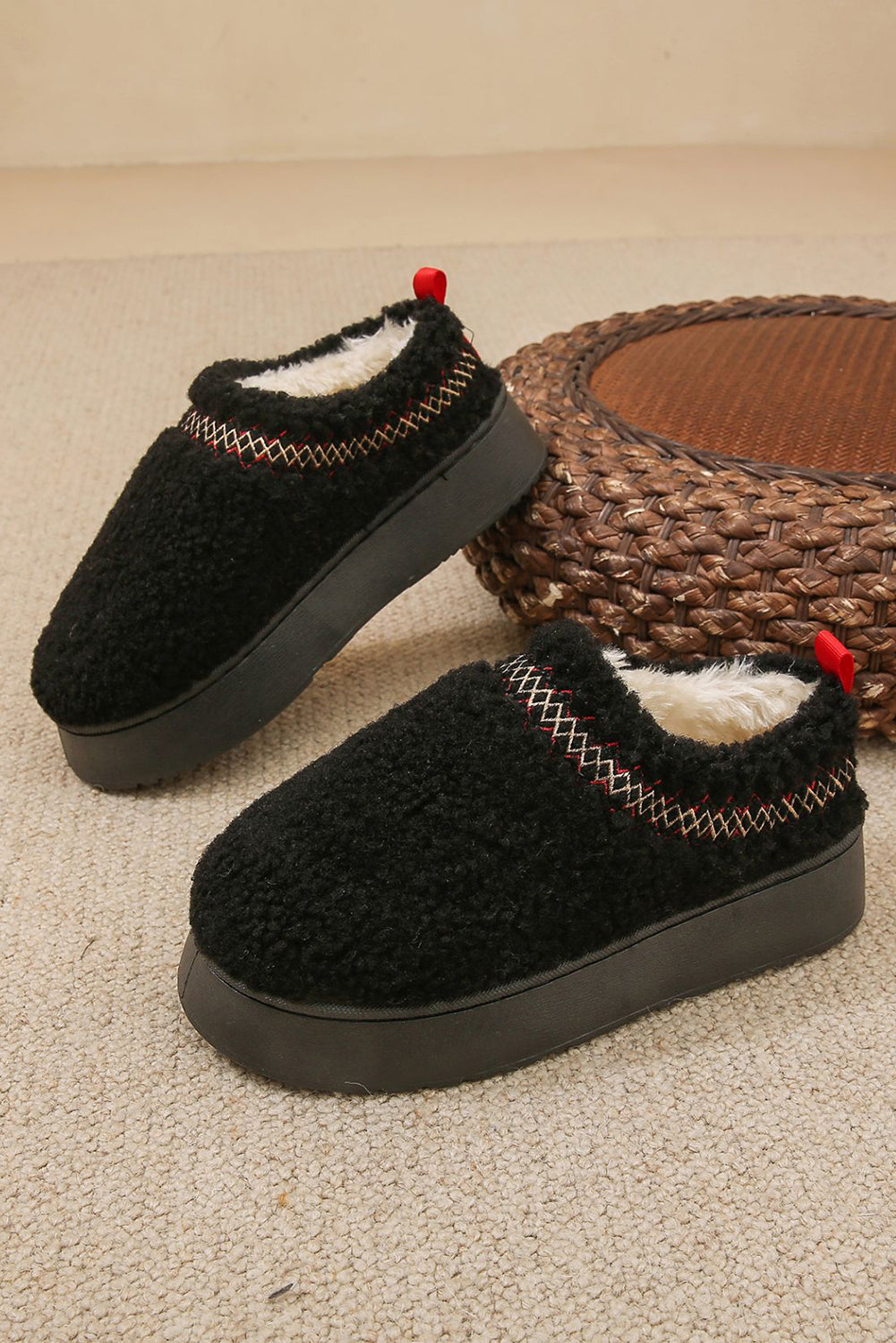 Oatmeal Warm Contrast Trim Plush Thick Sole Slippers