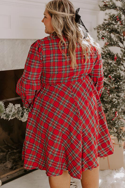 Red Plaid Half Button Long Sleeve Holiday Plus Size Dress