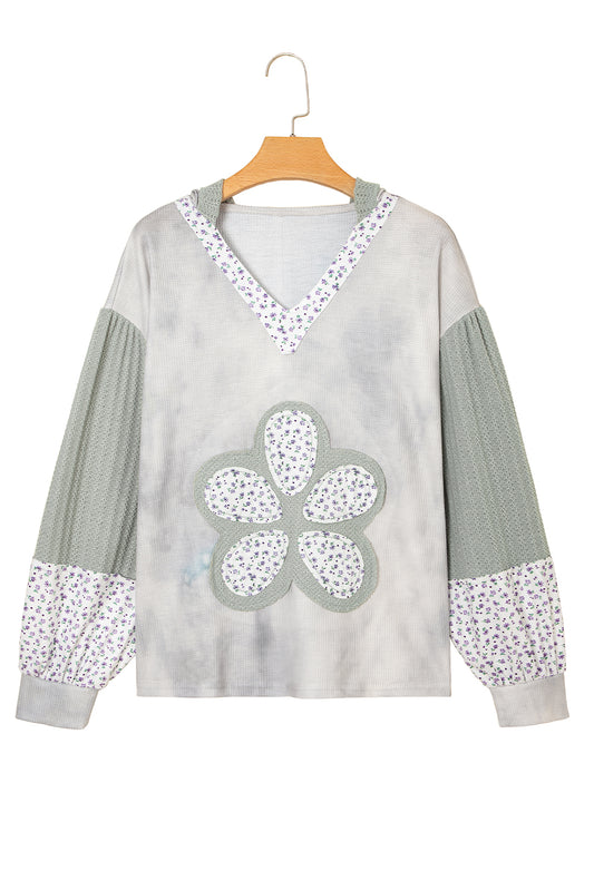 Green Floral Textured Colorblock Patchwork Lantern Sleeve Hooded Top