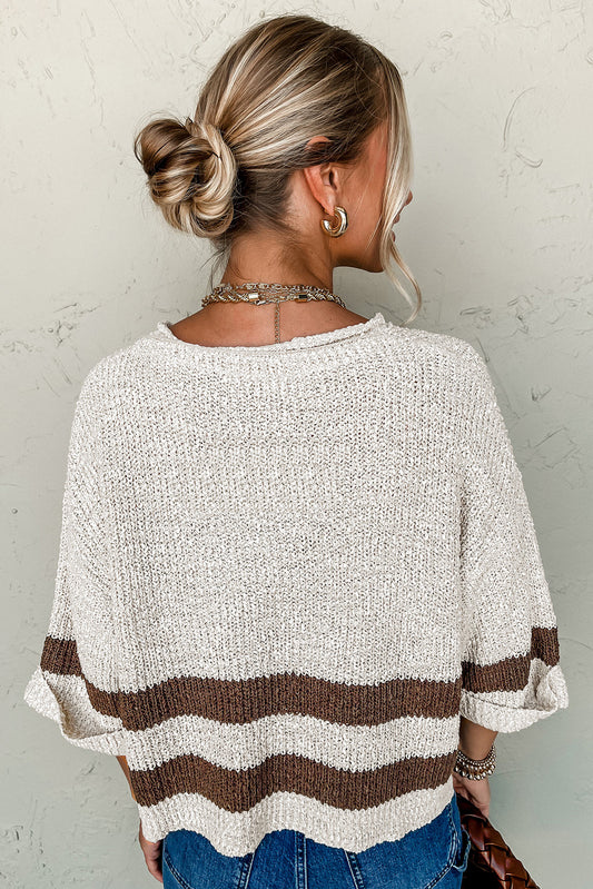 Brown Stripe Cropped Drop Sleeve Sweater