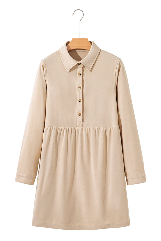 Oatmeal Corduroy Half Button Collared Long Sleeve Mini Dress