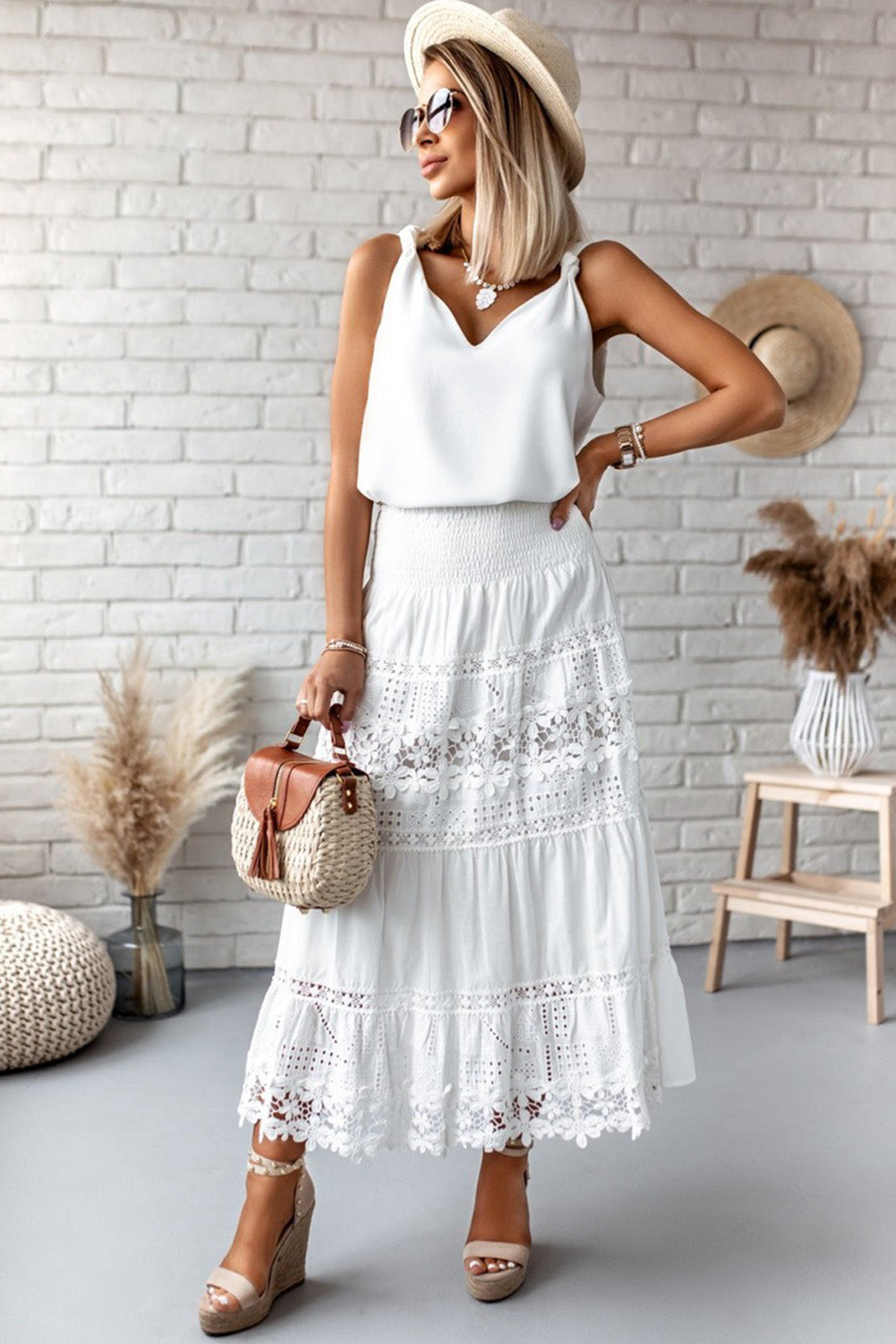 Apricot Plain V Neck Casual Knotted Shoulder Vest