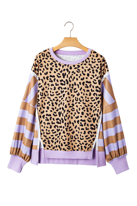Purple Striped Leopard Colorblock Side Slits Sweatshirt