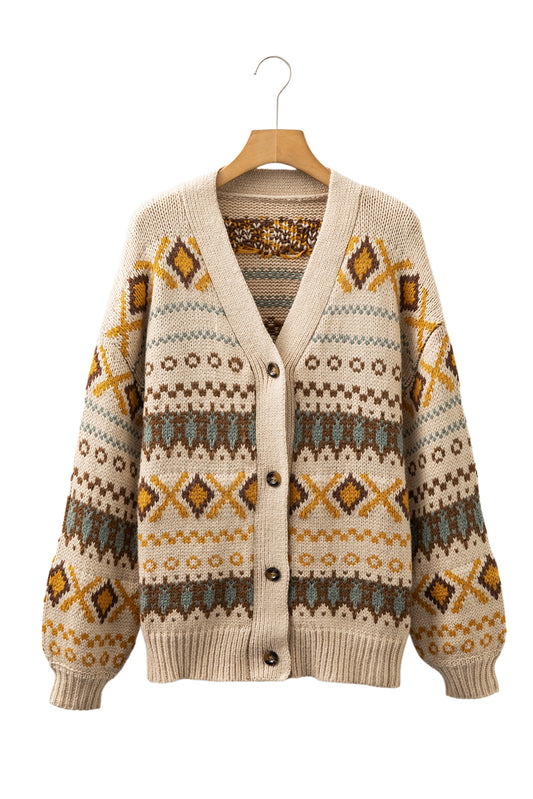 Khaki Geometric Pattern Button V Neck Cardigan