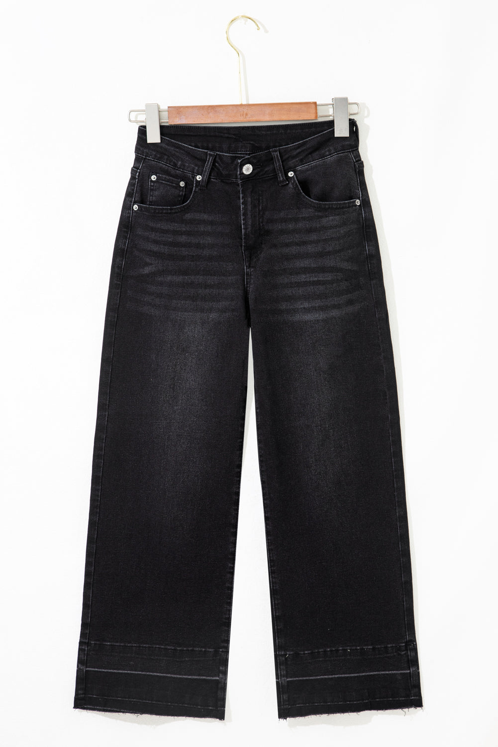 Black Raw Hem Straight Leg Loose High Waist Jeans