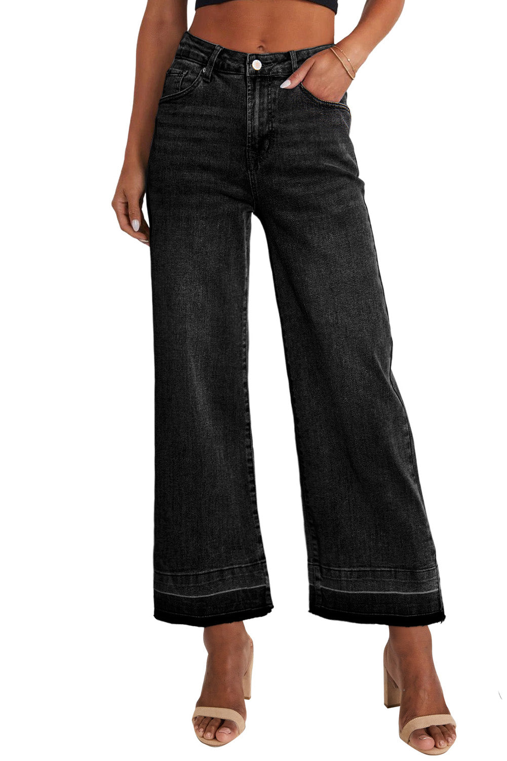 Black Raw Hem Straight Leg Loose High Waist Jeans