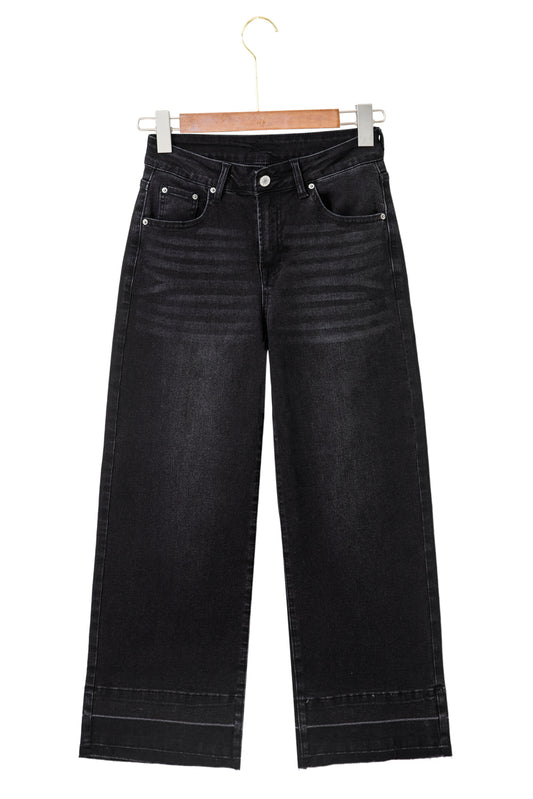 Black Raw Hem Straight Leg Loose High Waist Jeans
