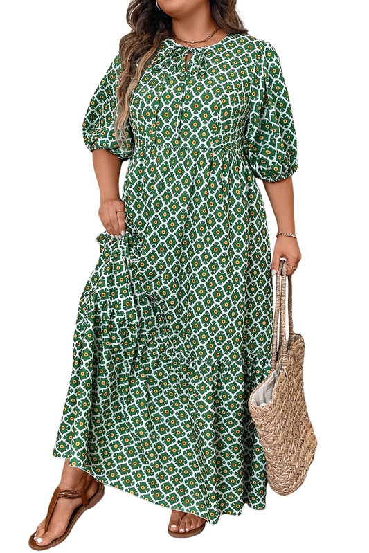Green Geometric Floral Print Half Sleeve Plus Size Maxi Dress