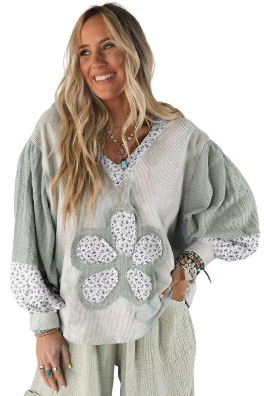 Green Floral Textured Colorblock Patchwork Lantern Sleeve Hooded Top