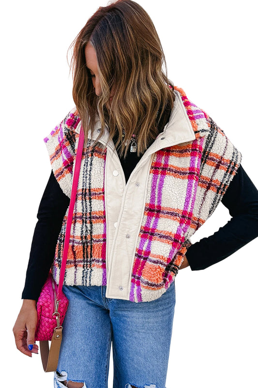 Rose Sherpa Plaid Collared Jacket Vest