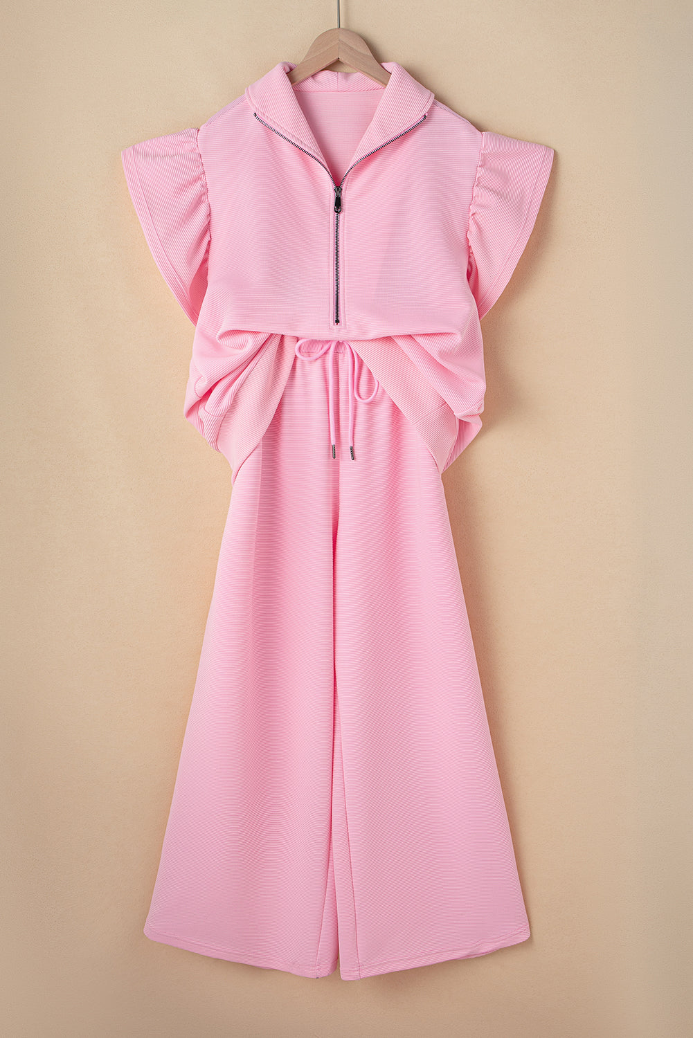 Apricot Textured Ruffle Sleeve Zipped Top and Wide Leg Pants Set