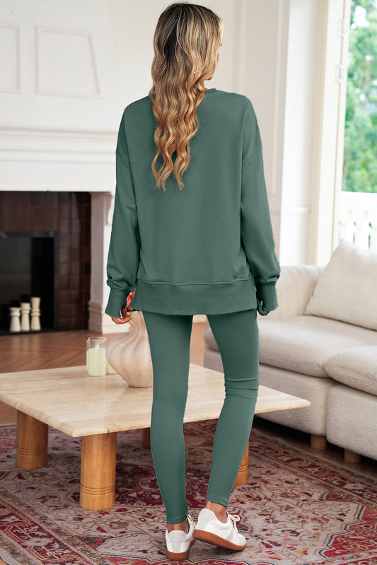 Green Bay Solid Color Oversize Slit Sweatshirt Ribbed Leggings Set