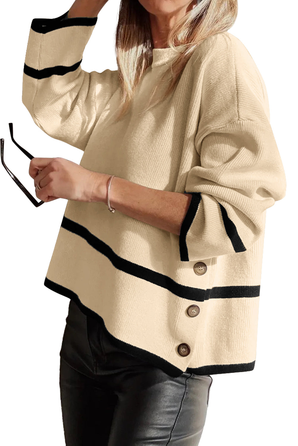 Simply Taupe Ribbed Knit Contrasted Stripe Detail Button Side Loose Sweater