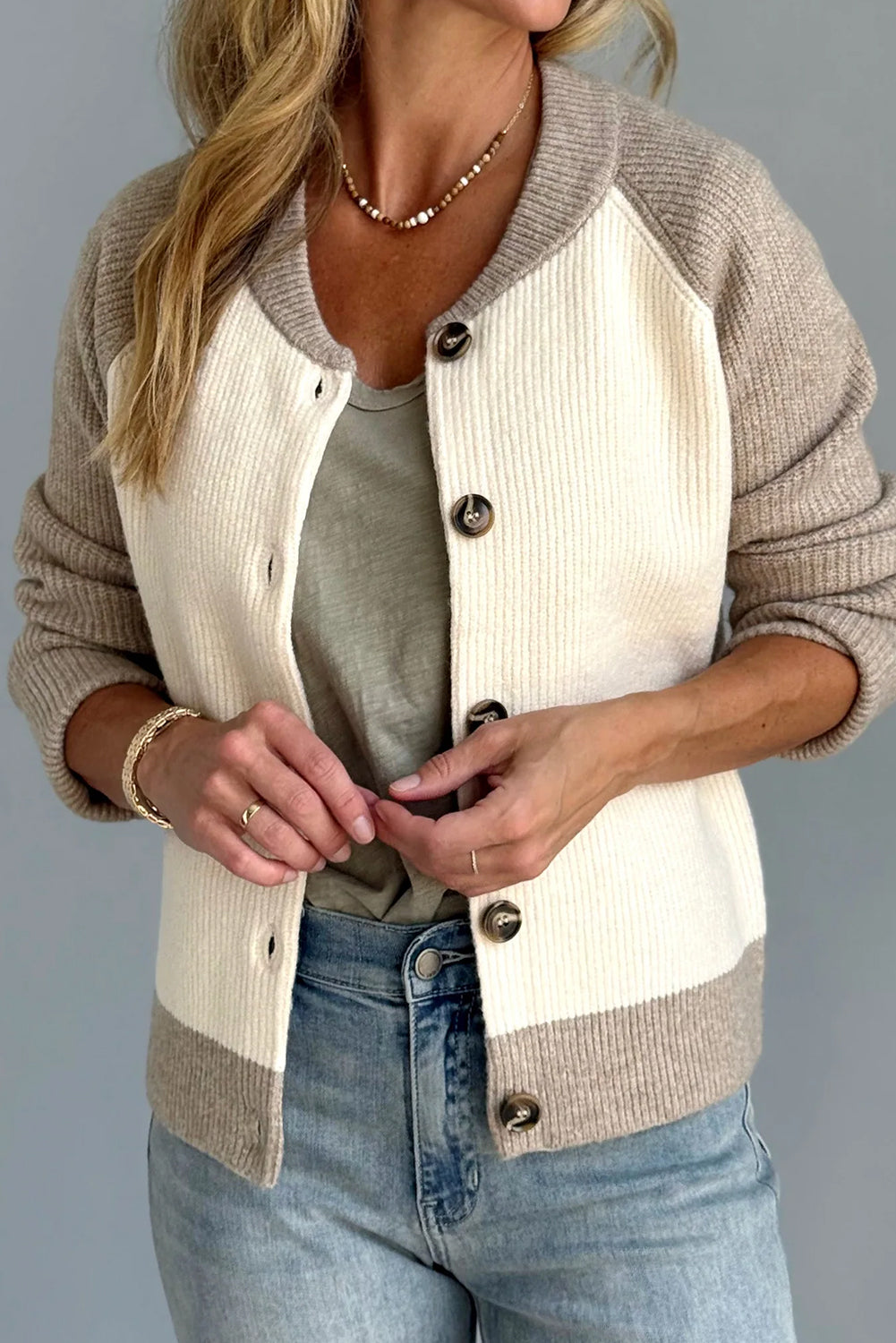 White Colorblock Button Front Casual Cardigan