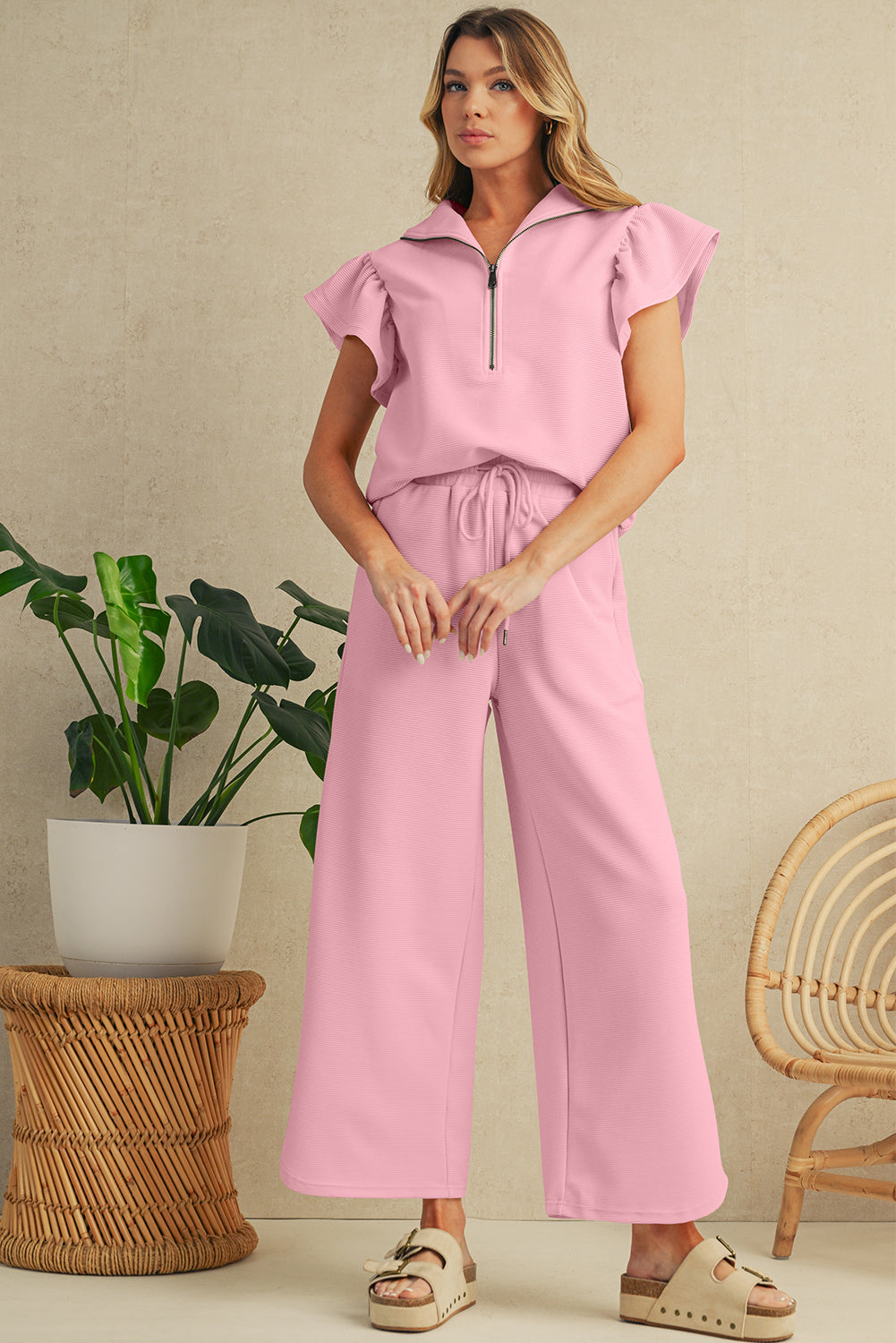 Apricot Textured Ruffle Sleeve Zipped Top and Wide Leg Pants Set