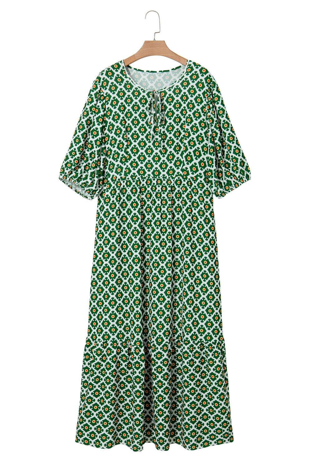 Green Geometric Floral Print Half Sleeve Plus Size Maxi Dress