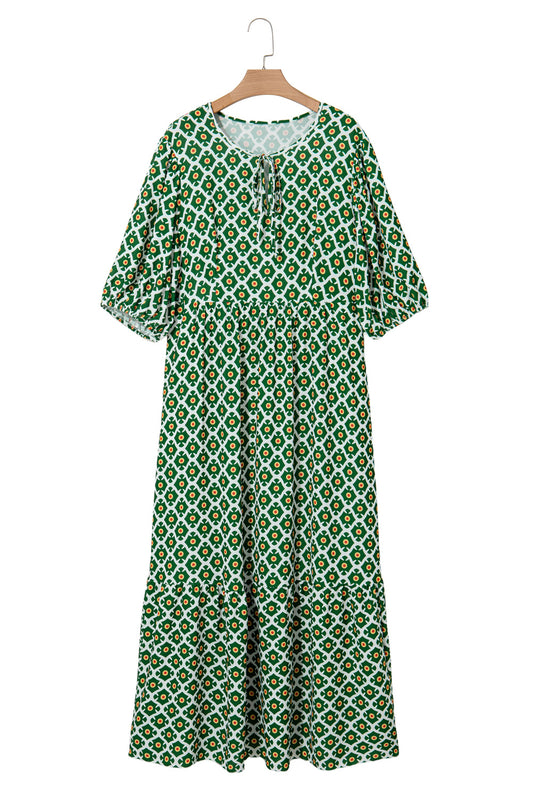Green Geometric Floral Print Half Sleeve Plus Size Maxi Dress
