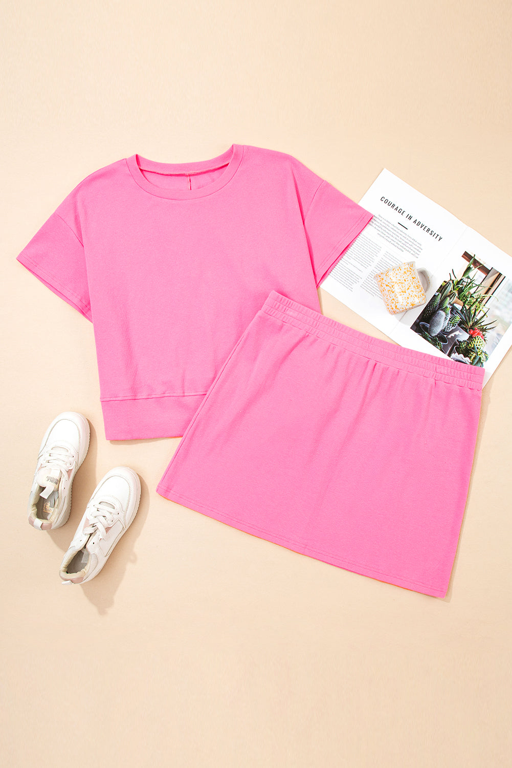 Pink Ribbed Drop Shoulder Tee and Skort Plus Size Set