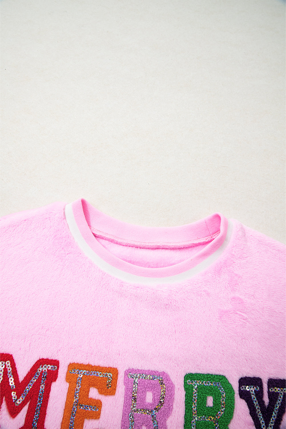 Sachet Pink Merry Letter Pattern Plush Pullover