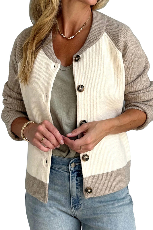 White Colorblock Button Front Casual Cardigan
