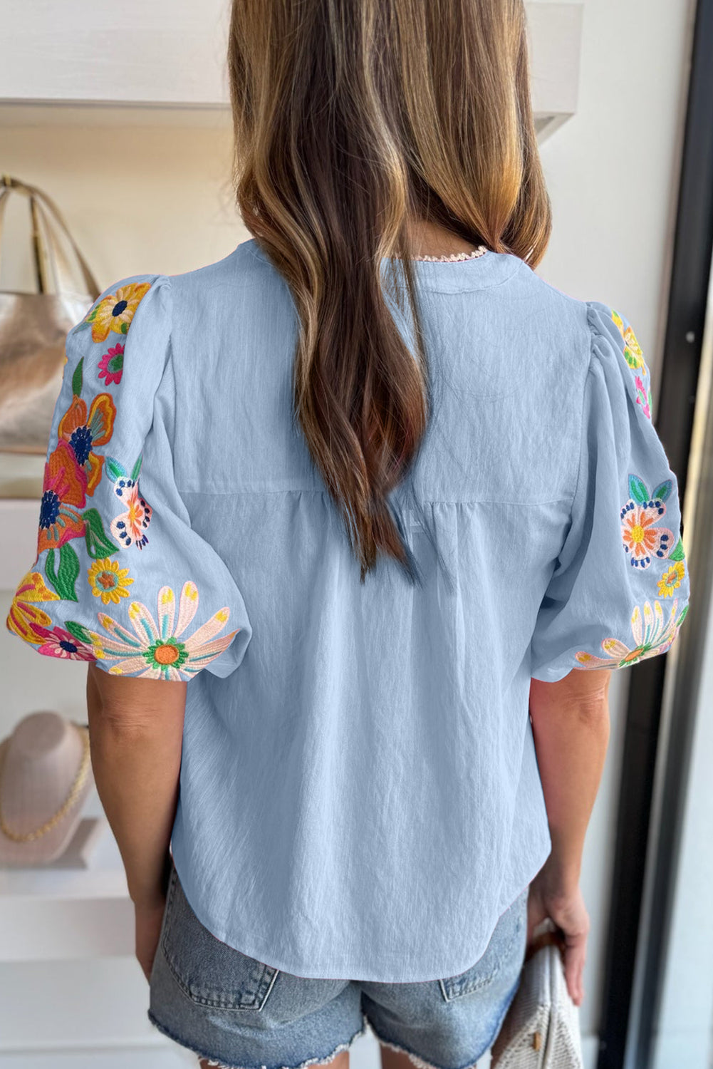 Clearly Aqua Floral Embroidered Puff Sleeve Split Neck Blouse