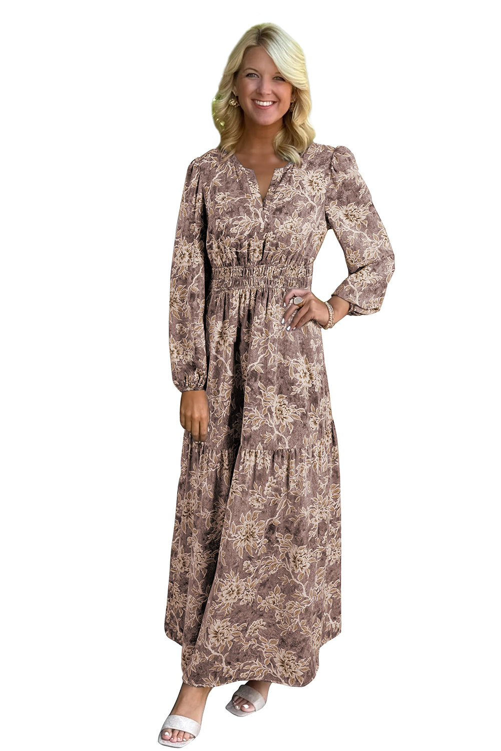 Sky Blue Floral Print Smocked High Waist Long Sleeve Maxi Dress