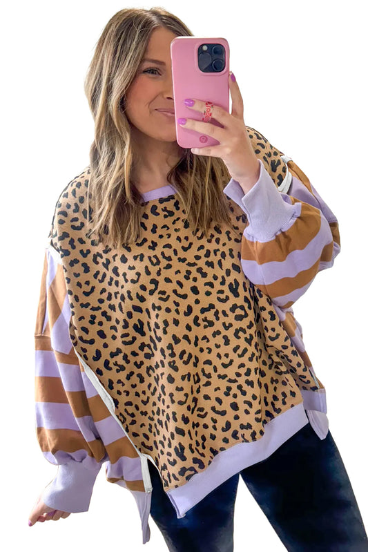 Purple Striped Leopard Colorblock Side Slits Sweatshirt