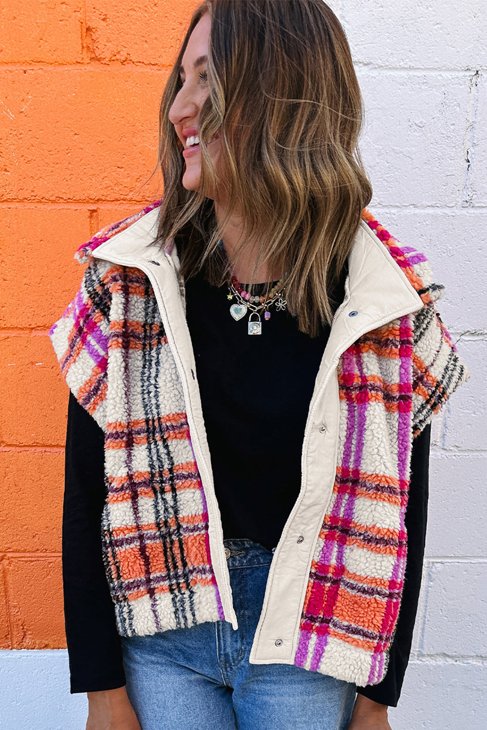 Rose Sherpa Plaid Collared Jacket Vest