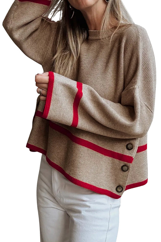 Simply Taupe Ribbed Knit Contrasted Stripe Detail Button Side Loose Sweater
