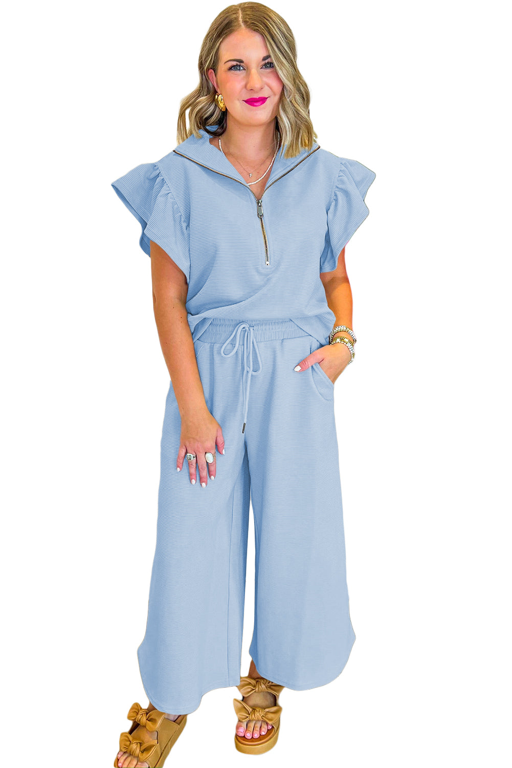 Apricot Textured Ruffle Sleeve Zipped Top and Wide Leg Pants Set
