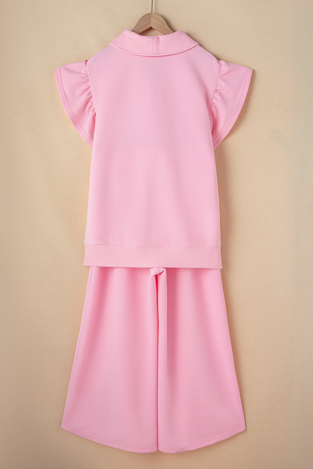 Apricot Textured Ruffle Sleeve Zipped Top and Wide Leg Pants Set
