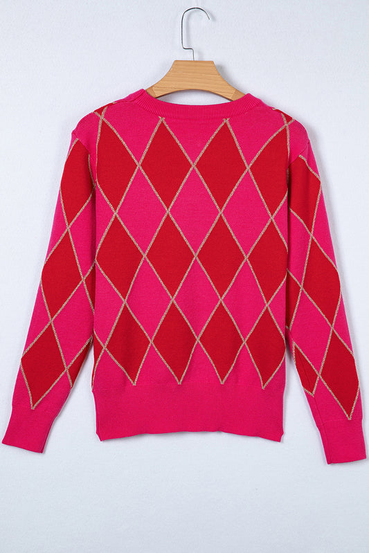 Rose Red Glitter Rhombus Pattern Knit Womens Casual Sweater