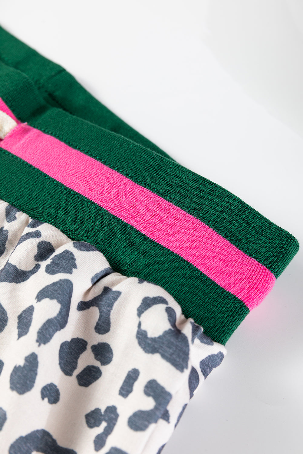 Gray V Neck Leopard Long Sleeve Top Striped Webbing Patchwork Drawstring Pant Set