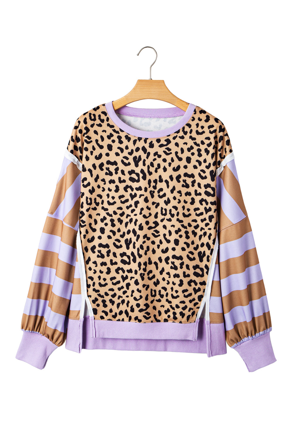Purple Striped Leopard Colorblock Side Slits Sweatshirt